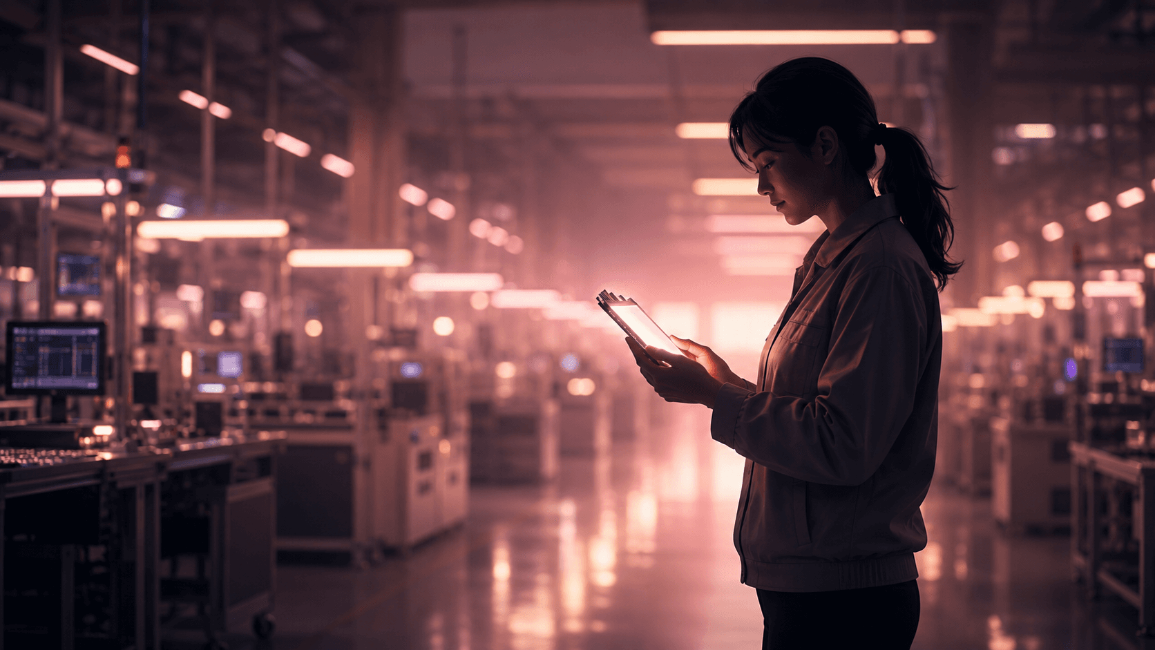 A young electronics factory worker holding a display panel she helped build.